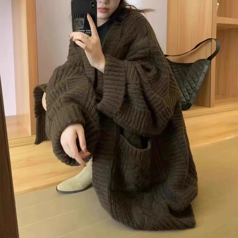 New Loose Women's Knitted Cardigan Casual Solid Color Sweater Medium Length Thick Elegant Loose Coat with Pockets
