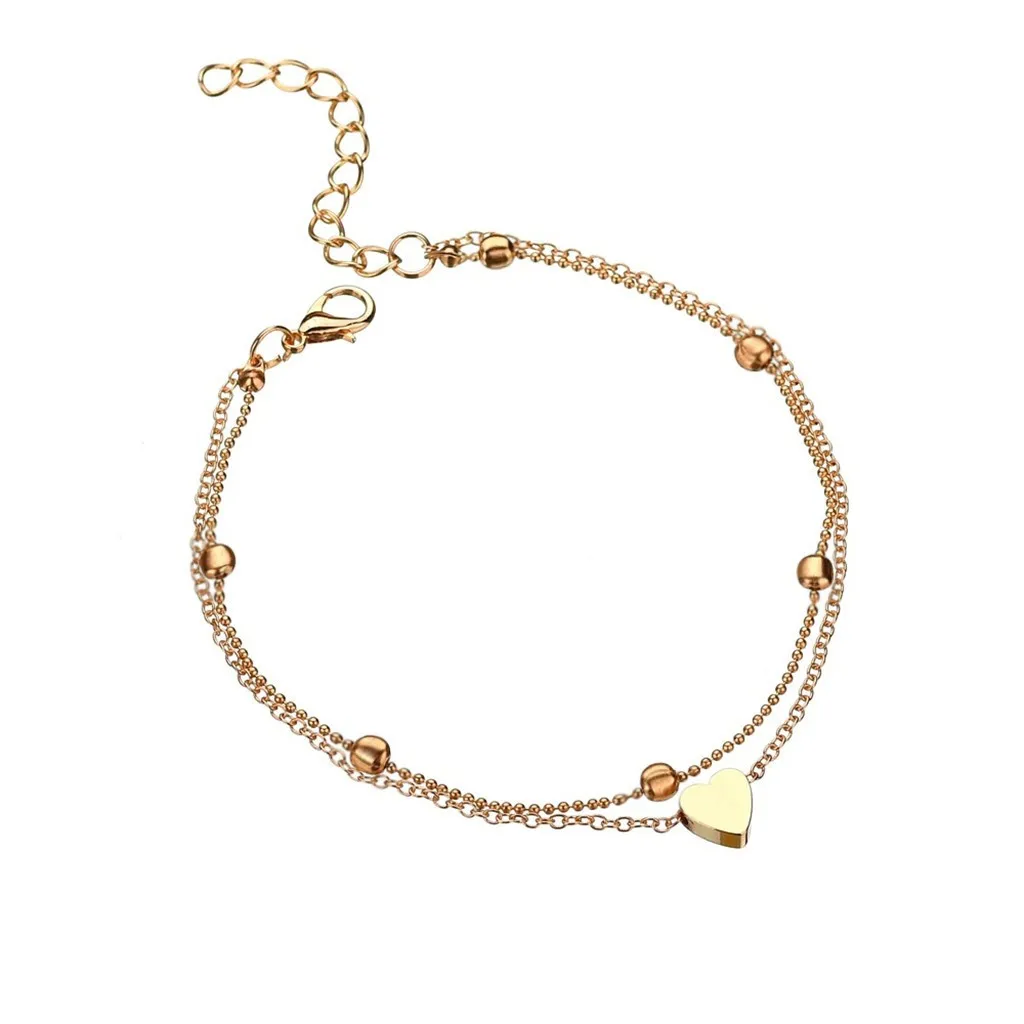 Silver Anklet Bracelet Ankle Chains Beads Anklet Simple Heart Female Anklets Barefoot Crochet Sandals Foot Jewelry Leg