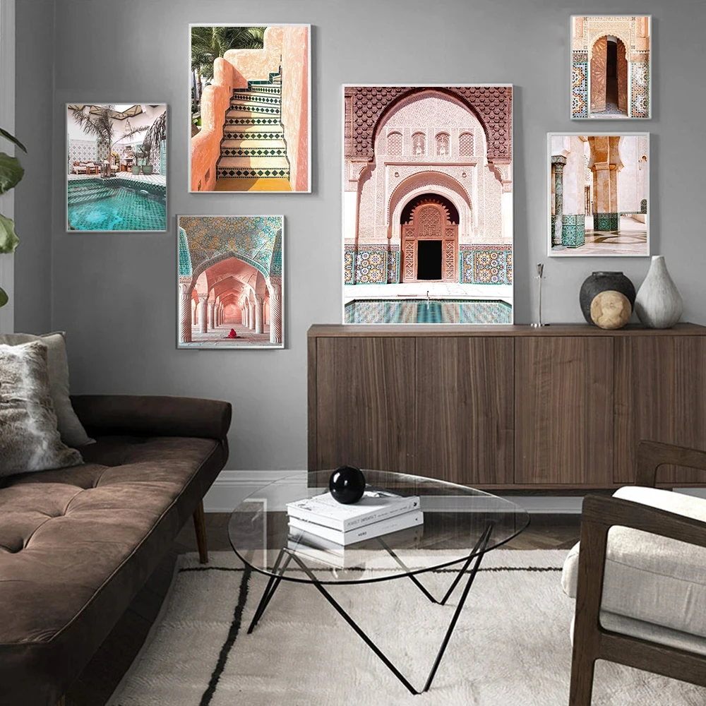 

Moroccan Wall Art Prints Pink Door Stairs Print Posters Modern Artwork Islamic Marrakech Architecture Set Printable Decoration