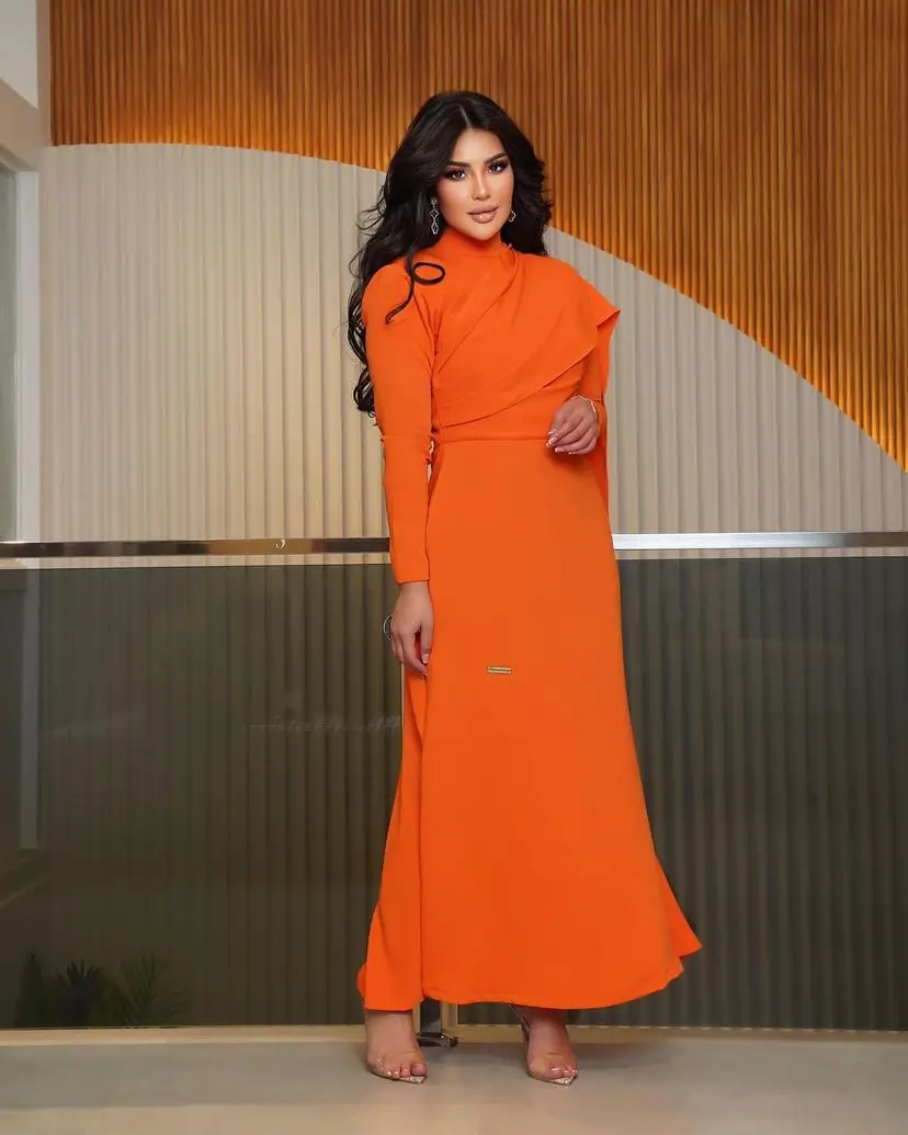 

Elegant Straight Long Sleeves Prom Dresses High Neck Pleated Satin Ankle Length Simple Party Dresses Zipper Back