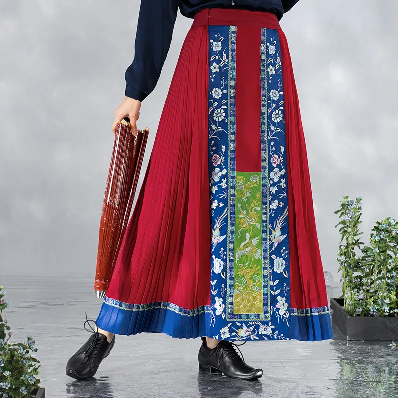 A Life On The Left Women Improved Hanfu Horse Face Skirt A-shaped Traditional 3D Embroidery Mamian Qun Vintage Pleated Skirt 4 pcs left