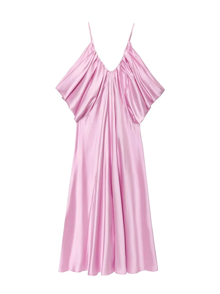 TFMLN New 2025 Women's Pink Pleated Sling Dress Loose V-neck Sleeveless Backless Evening Dresses Summer Sexy Club Party Robe