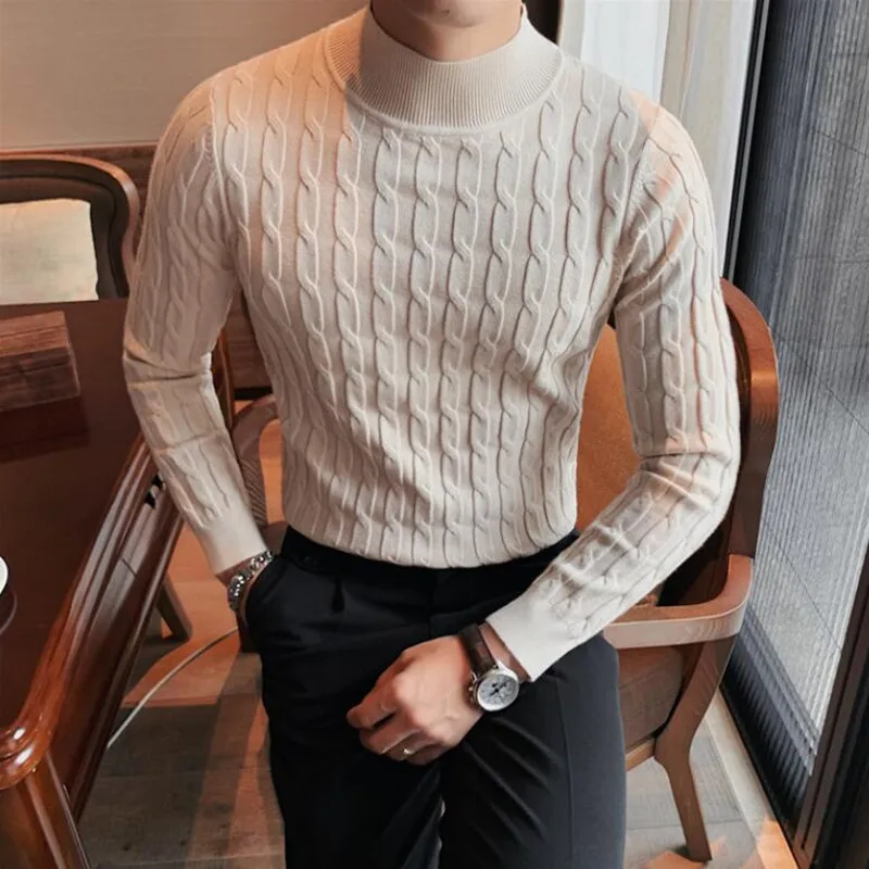 Winter Mens Turtleneck Sweater Casual Slim Fit Basic High Collar Knitted Pullover Male Elastic Warm Sweater Men Pullover 3XL-M