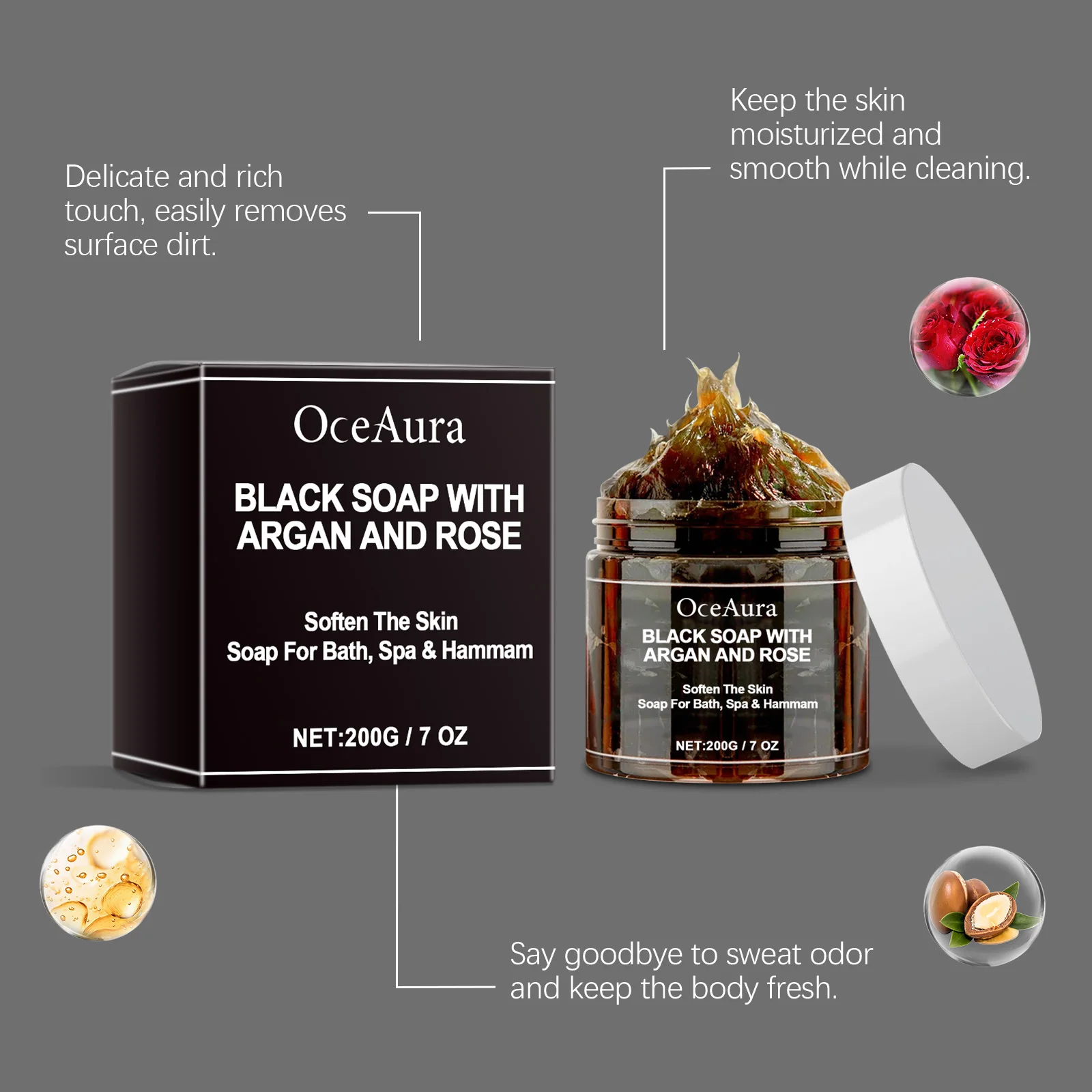 OCEAURA Black Soap With Argan And Rose lack Beldi Soap Ideal For Dead Skin Remover Body Scrub Purifying Deep Cleansing 200g/7 Oz