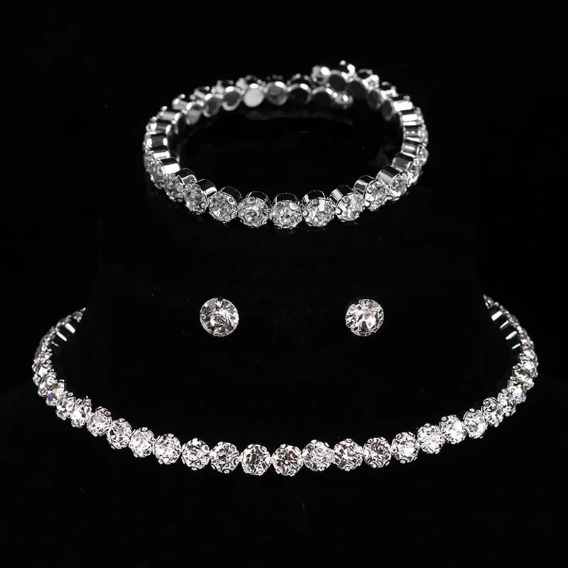 Luxe Ronde Crystal Sieraden Set Voor Vrouwen Charm Zilver Kleur Armband Stud Oorbel Zirkoon Ketting Wedding Party Sieraden