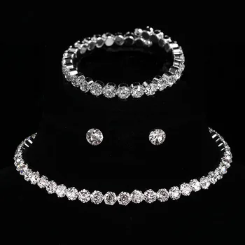 Luxury Round Crystal Jewelry Set for Women Charm Silver Color Bracelet Stud Earring Zircon Chain Necklace Wedding Party Jewelry
