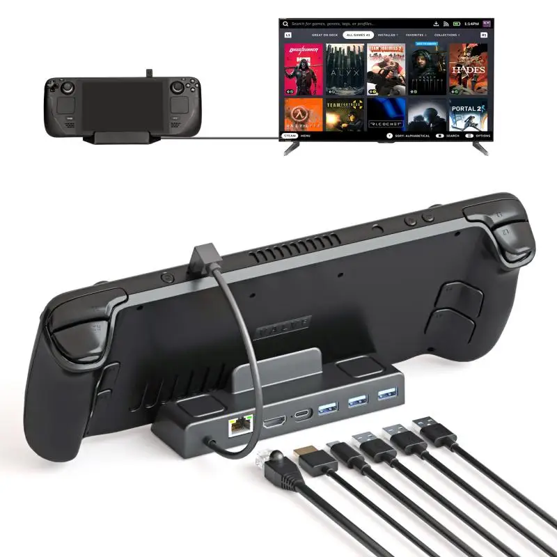 

60hz Docking Station Usb C To Rj45 Ethernet Hub Holder For Steam Deck Usb 3.0 Type-c Charger 4k HDMI-compatible 6 In 1