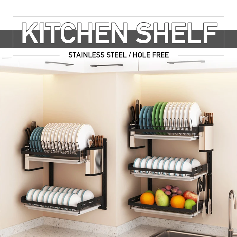 

Kitchen Dish Rack Wall Mounted Multifunctional Storage Rack Cupboard with Chopsticks Knives Plates Draining Storage Holder