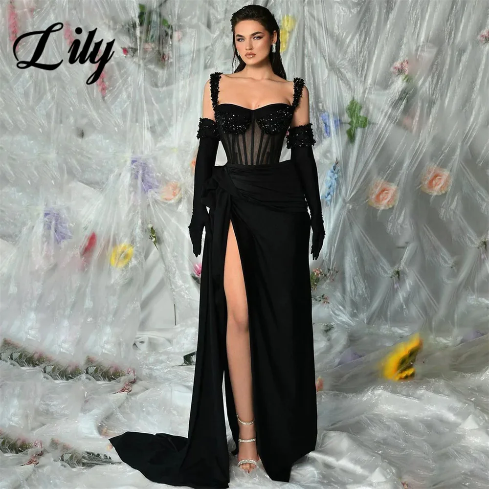 

Lily Black Beach Sexy Prom Dress Stain Pleat Celebrity Dress Sequins Evening Dress Sweetheart Spaghetti Strap Formal Gown 프롬 드레스