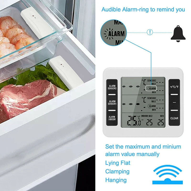 Wireless Digital 2 Sensor Refrigerator Freezer Thermometer/Alarm Low  Temperature