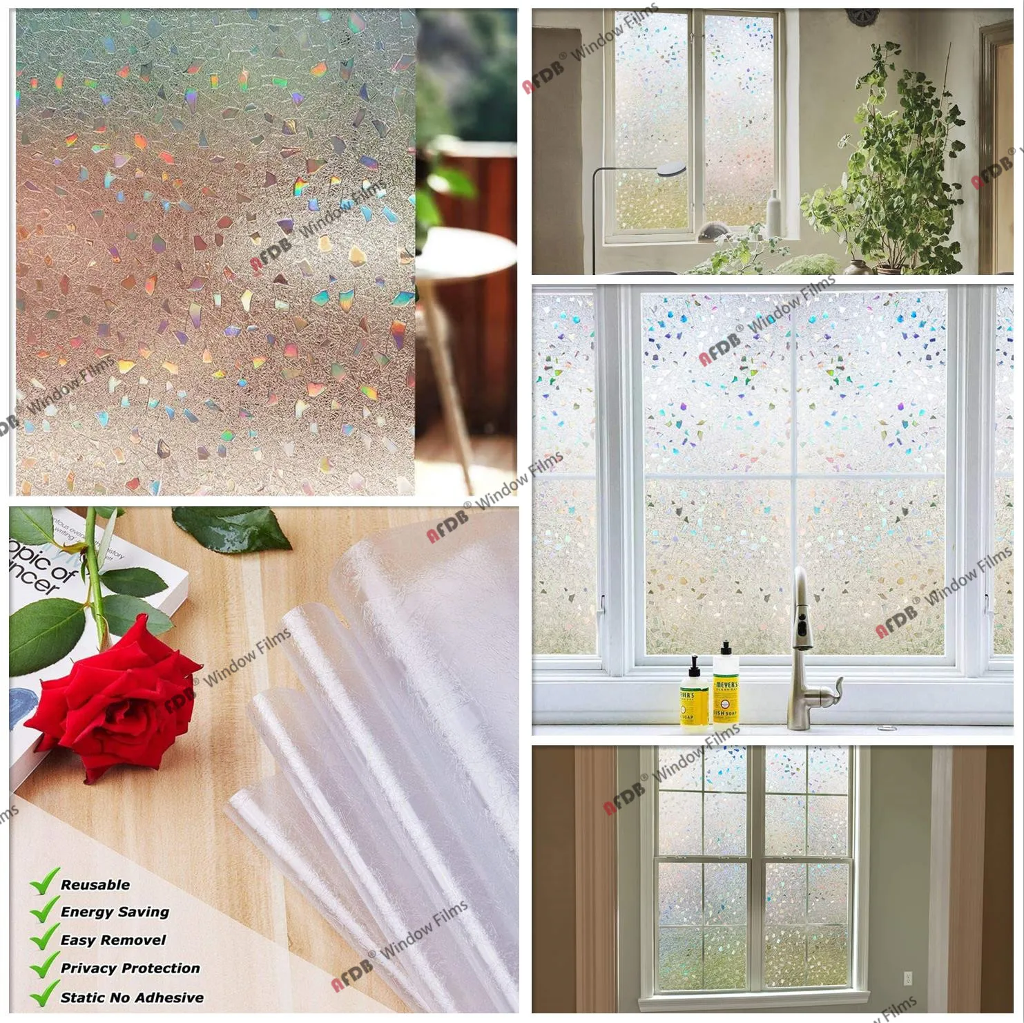 Rainbow Decorative Window Film Stained Window Privacy Film Frosted Glass Static Cling for Glass Door Home 3D Rubble Design