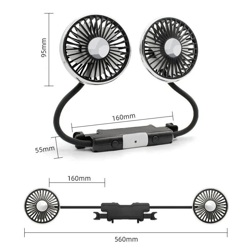 360&deg; Rotation Double Head Car Back Seat Fan 5 Fan Blades 3-speed Wind Adjustment USB Auto Cooling Fans for Summer Car Accessorie car fan