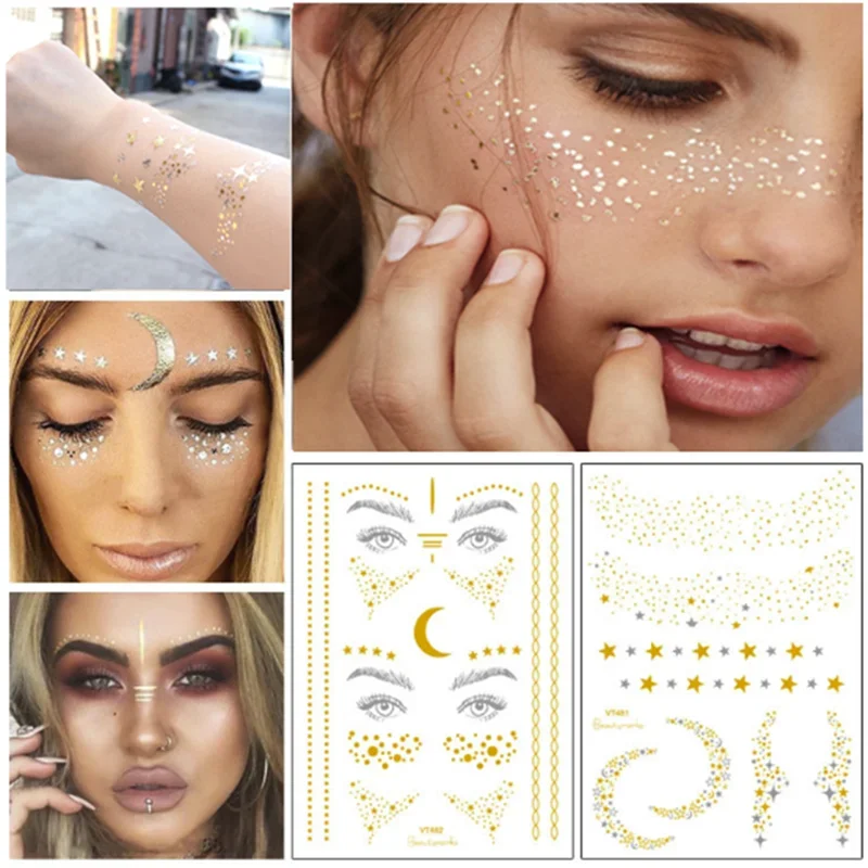 New Gold Face Temporary Tattoo Waterproof Blocked Freckles Makeup Stickers Eye Decal