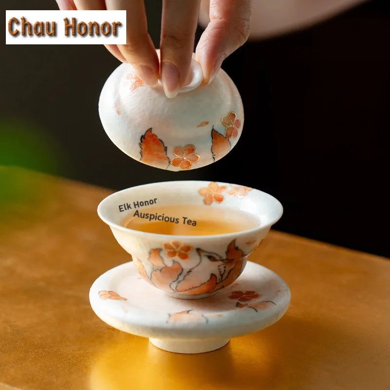 55ml Pure Hand-drawn Nine-tailed Fox Gaiwan Handmade Tea Tureen Tea Bowl with Lid Kit Tea Making Cover Bowl Cha Collection Gift