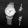 2PCS Fashion Arabic Dial Women Quartz Watch Steel Mesh Band Watches Opening Cuff Bracelet Bangle Set（Without Box） 3
