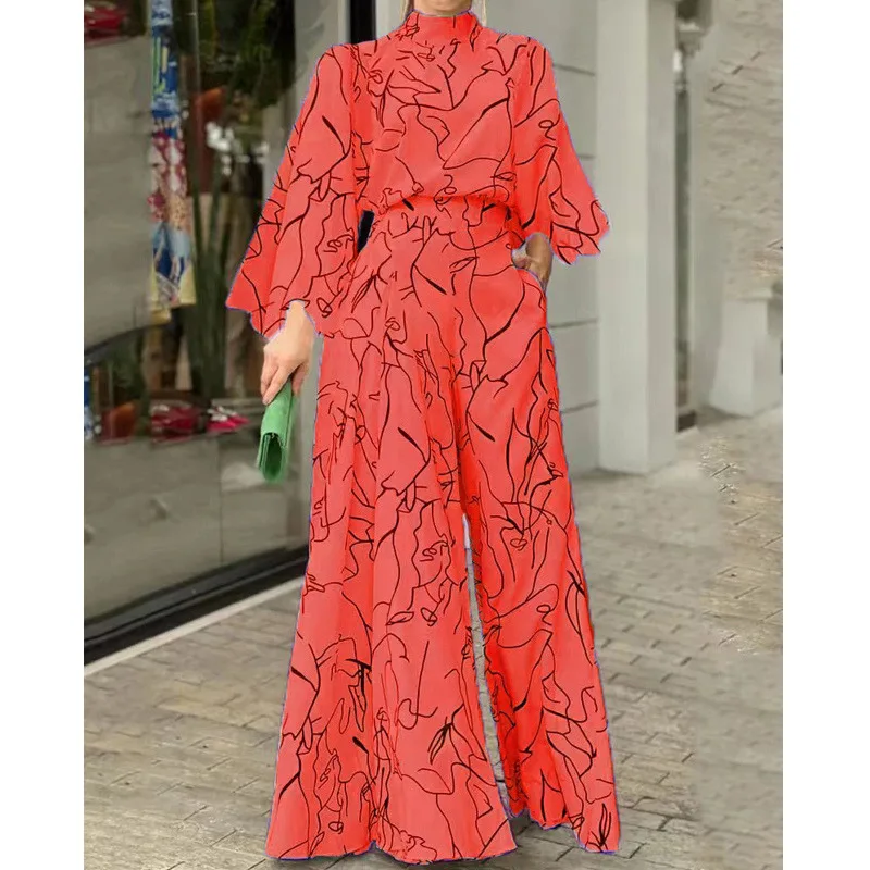Abstract Graphic Print Elegant Fashion Nipped Waist Jumpsuits Women Spring Summer Casual Streetwear Loose Wide Legs Pants Romper