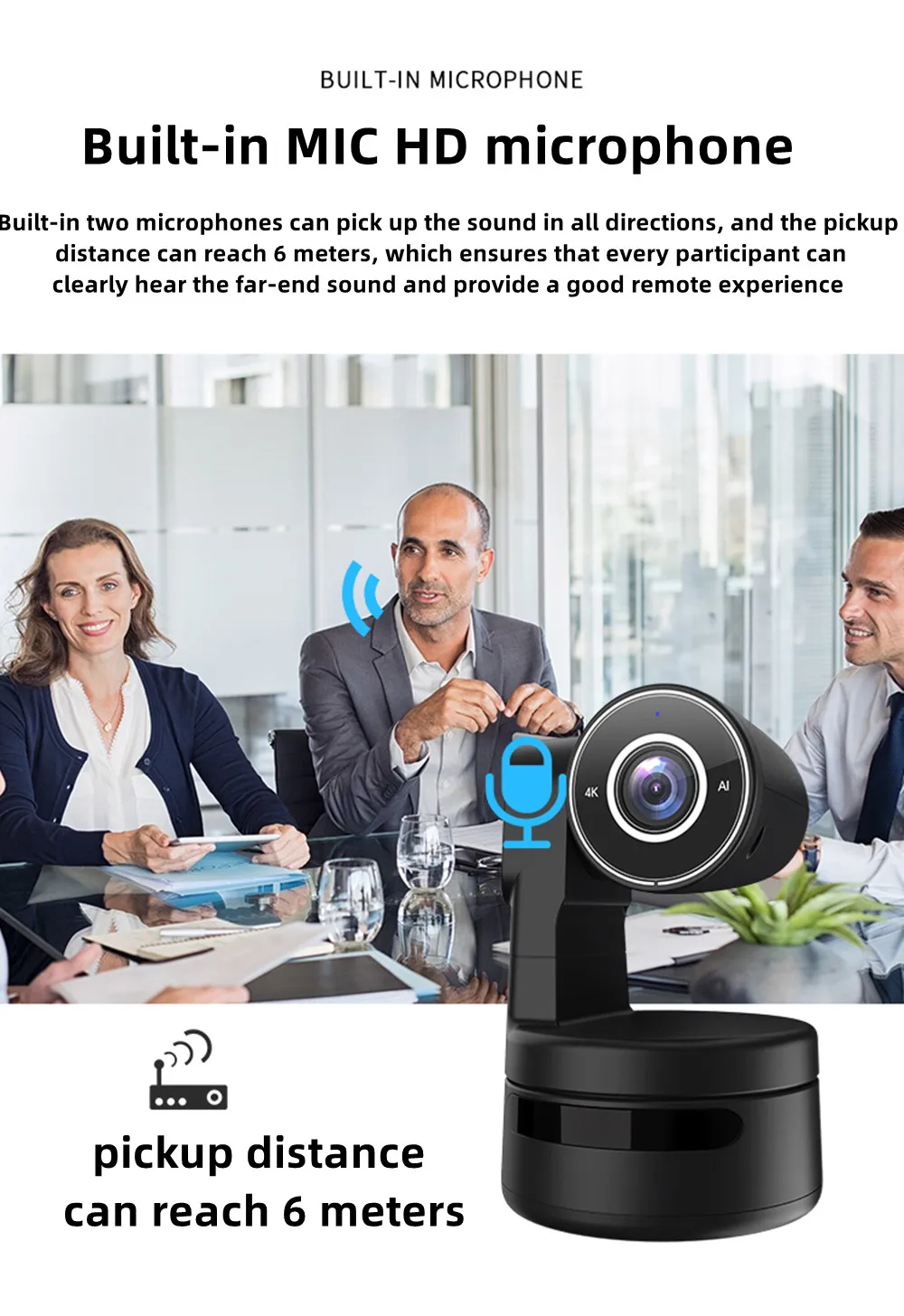 4K PTZ Webcam AI Framing with Mics Camera 4X Digital Zoom Auto 