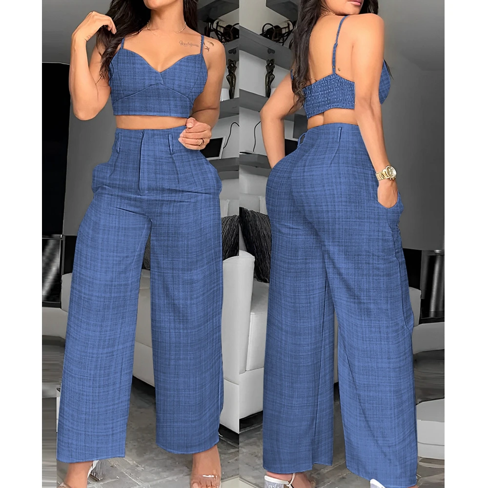 

Wepbel Suspenders Pull Top + Pants Two-piece Set Outfits Wide Leg Pants Sets Women Suit Leris Camis Tops Straight Trousers