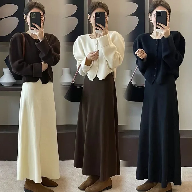 Pregnant Women Knitted Cashmere Skirt Slimming French Drape A- Line Midi Skirt No Belly Support Autumn Half-length Ski