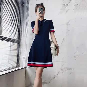 Abiti in maglia con colletto polo per donna Estate manica corta Slim elegante abito da festa Casual Chic coreano Stripe Vestido Feminino Nuovo