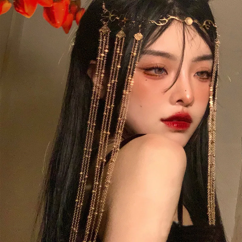 Fairy Long Tassel Veil Hair Ornaments Forehead Chain Face Curtain Retro Luxury Crystal Chrismas Headdress Women Hair Accessories hair accessory,hair headdress,jewelry accessories
