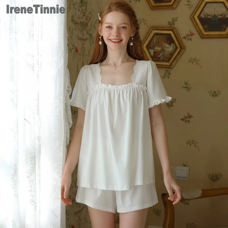 

Летняя Пижама IRENE TINNIE, Однотонный женский комплект для девушек, 2023 эстетические шорты, хлопковая одежда для сна, одежда для сна