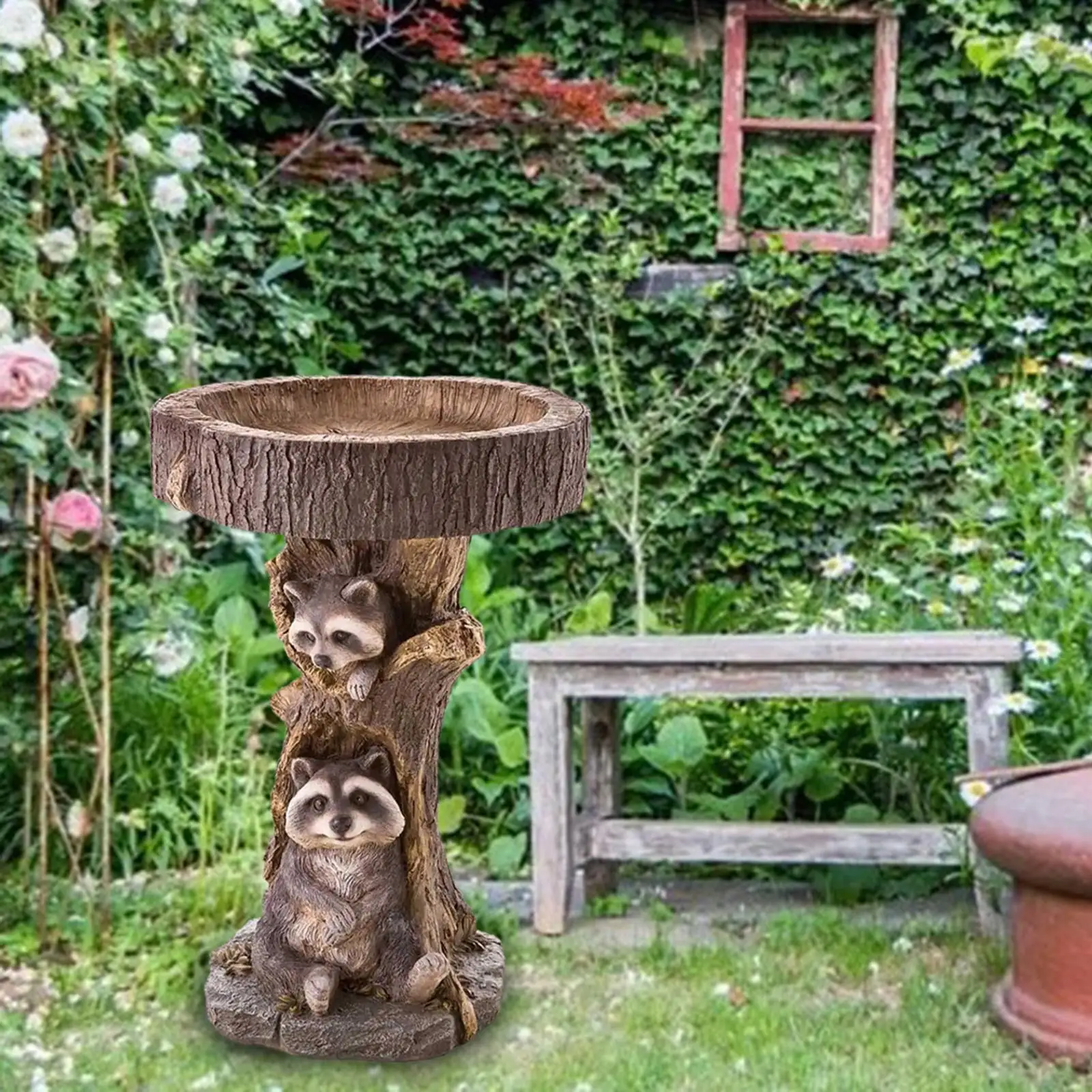 Garden Bird Bath Bowl Patio Landscape Lawn Raccoon Statue Figurine Resin Feeder for Outside Deck Courtyard Railing Housewarming