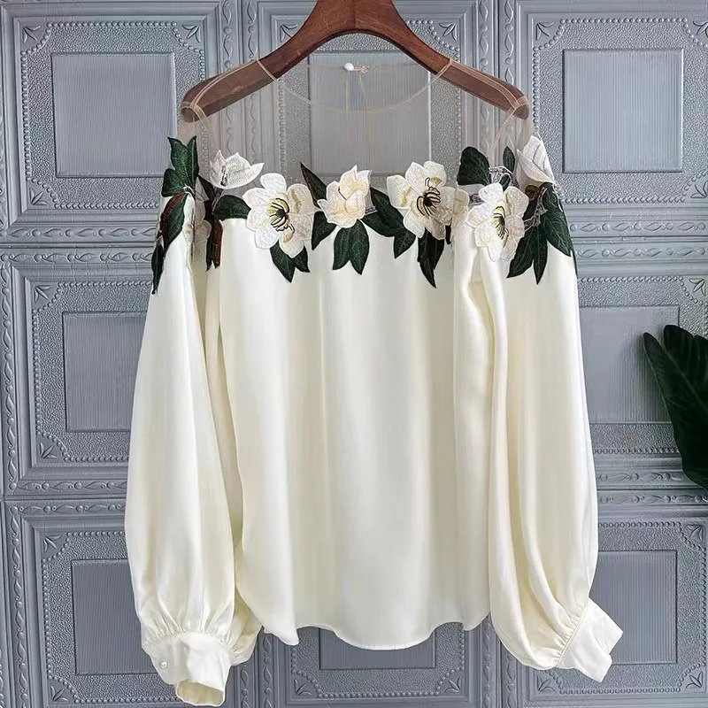Floral Embroidery Blouse 2025 New Spring Long Sleeve Shirt Women Tops Autumn Sweet Mesh Round Collar Fashion Clothes 25565