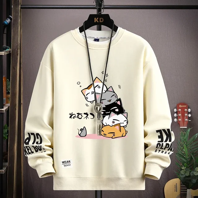 Spring Men's Sweatshirt Japan Cartoon Cats Printed Long Sleeve T-shirt Fashion Men's Clothing Khaki O Neck Harajuku Top 2024 New 1