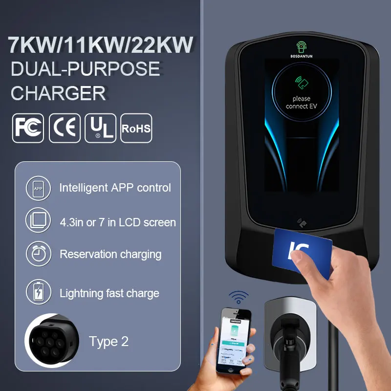 

BOSDANTUN 7inch LCD start EV charger 16A 32A 22kw type 2 type 1 home charging station 25ft cable wallbox ev Charger for electric