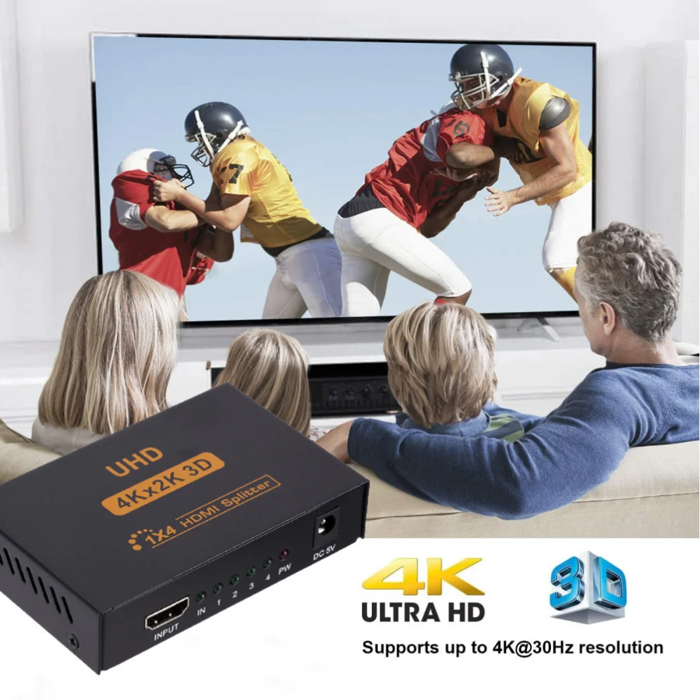 Hdmi Splitter com Adaptador de Energia Portas em Out 1x4 Splitter 4k x 2k @ 30hz 3d Full hd Distribuidor para Ps4 Fire Stick Hdtv - Imagem 4