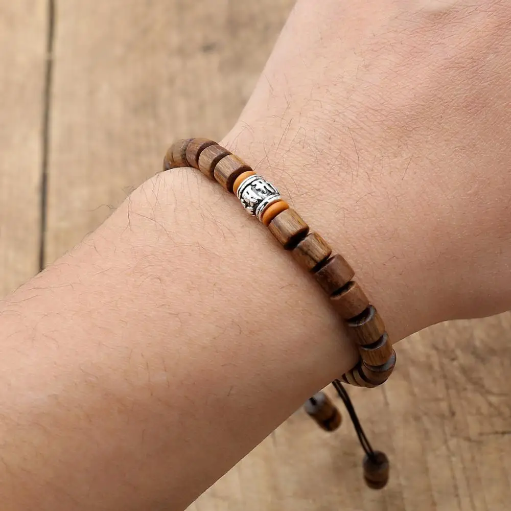 Handmade Cylindrical Wooden Beads Chakra Bracelet Bangle Women Men Buddhist Yoga Healing Reiki Pray Charm Strand Bracelet