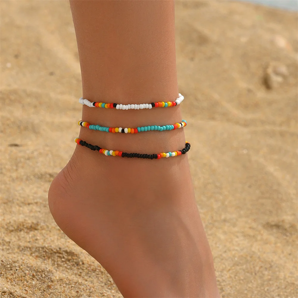3pcs/Set Multicolor Rice Beads Anklets For Women Silver Color Rainbow Foot Chain Ankle Bracelet Beach Jewelry Summer Accessories