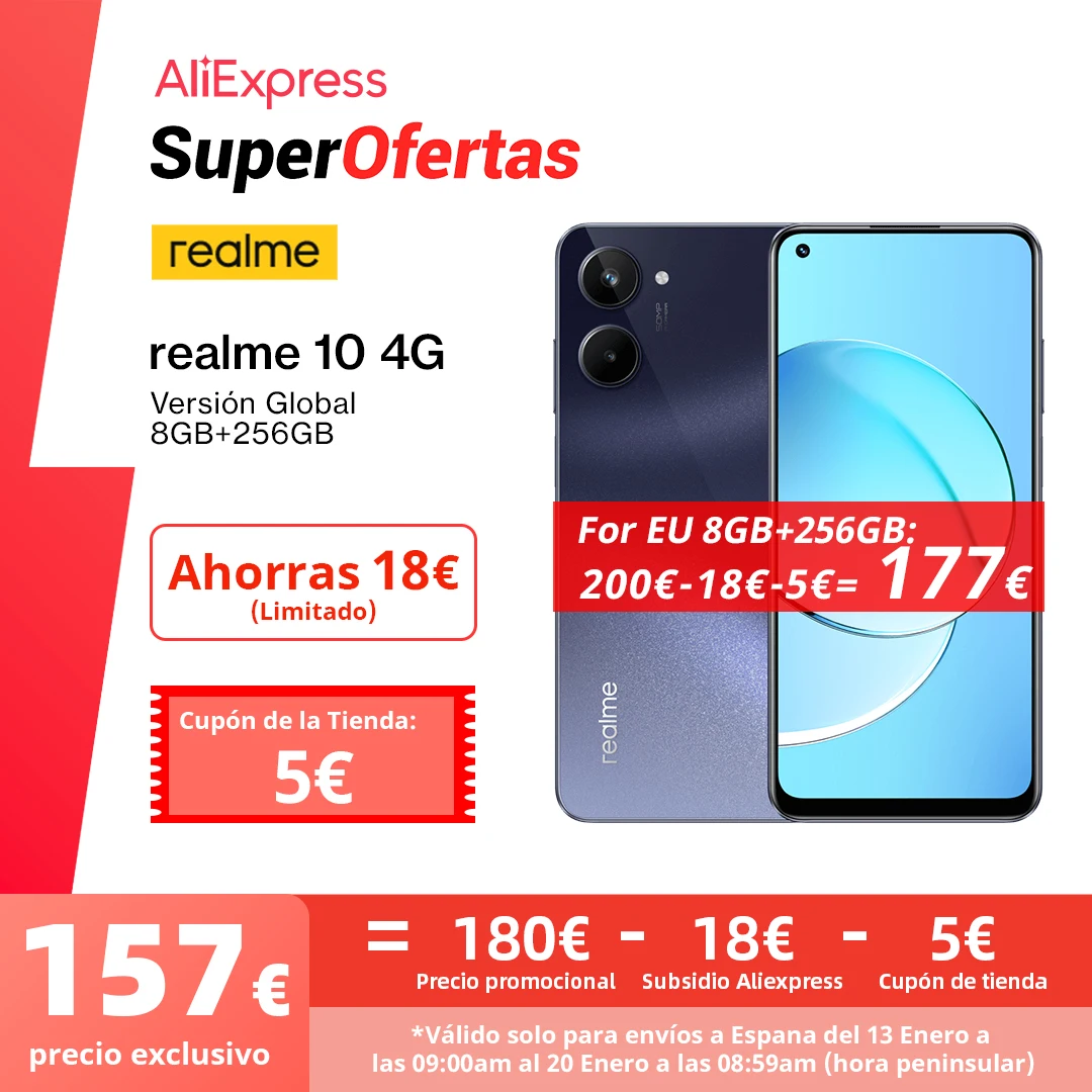 Versión Global realme 10 4G Smartphone Helio G99 90Hz AMOLED Display 5000mAh Batería 33W Charge 50MP Color AI Camera Mobile Phone