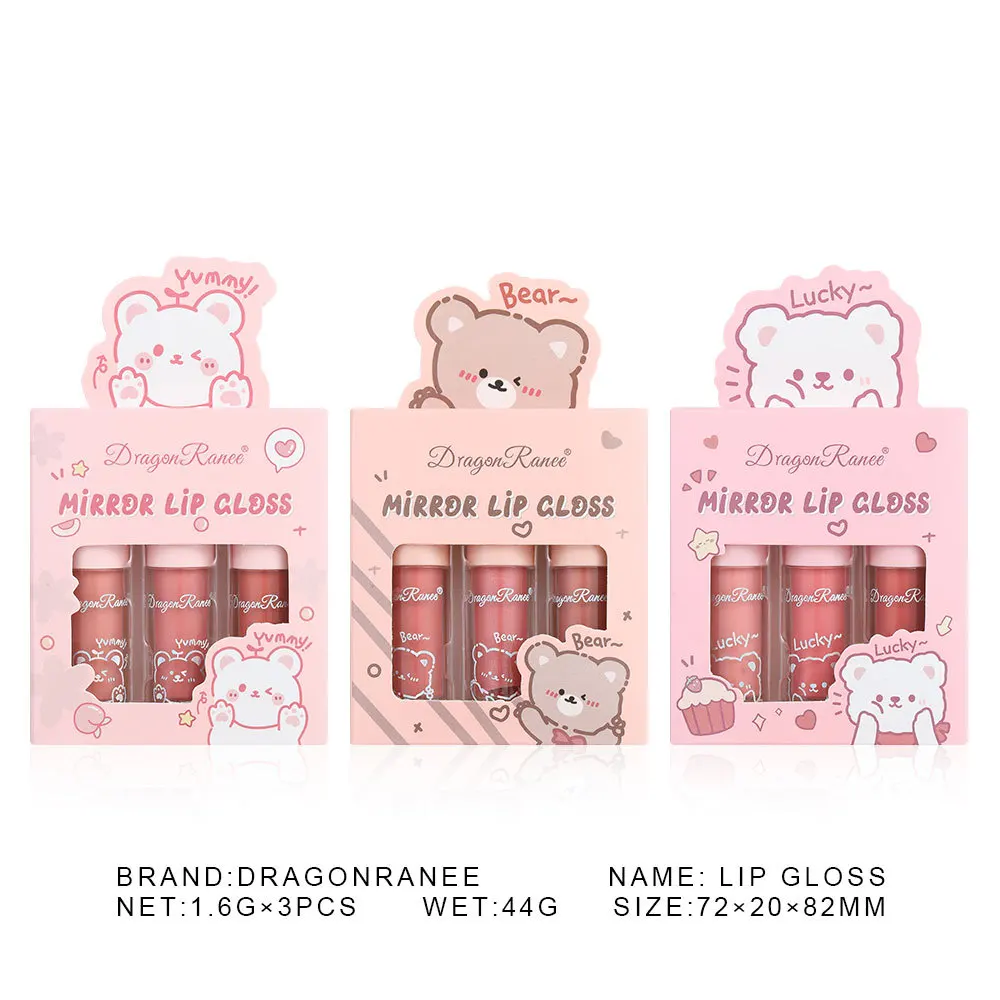 3pcs/set Adorable Bear Mirror Lip Glaze Long-Lasting Non-Fading lip gloss Hydrating Liquid Lipstick Lip Makeup Products 5