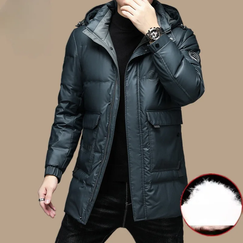 

2023 New Men Down Jacket Winter Coat Mid-length Glossy Loose Parkas Thicken Warm Leisure Outwear Hooded Fashion Overcoat