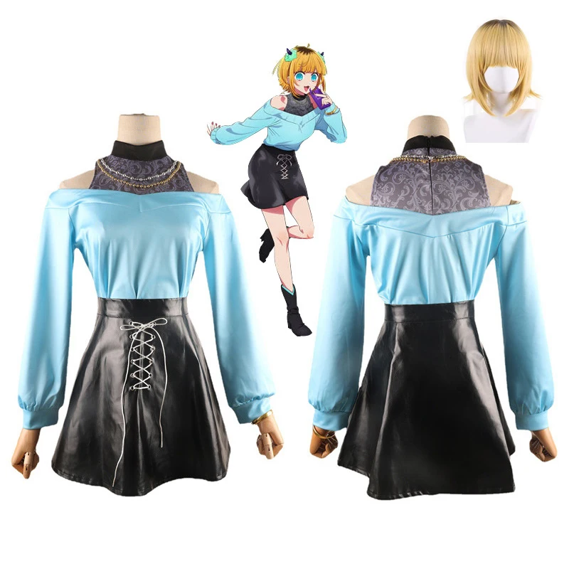 

Oshi No Ko Mem-Cho Cosplay Costume Wig Anime Me-san Blue Dress Outfit Skirt Blonde Hair Headwear B-Komachi Halloween Party Women