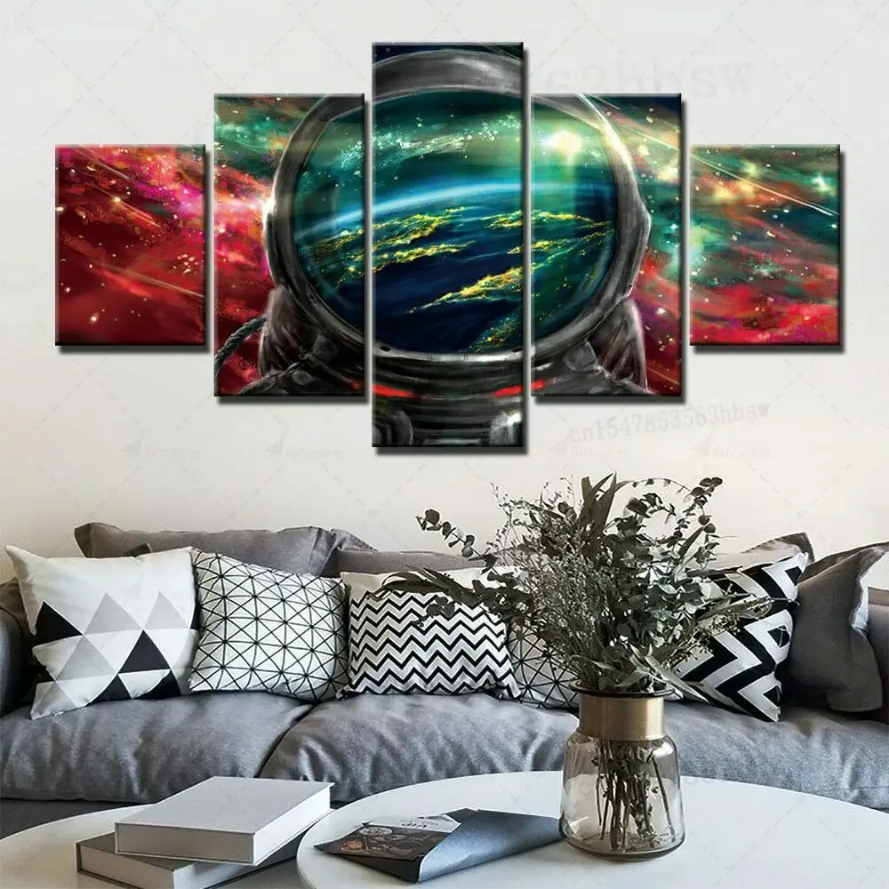Framed Space Astronaut Galaxy Stars Universe 5 Piece Canvas Print Wall Art Decor 