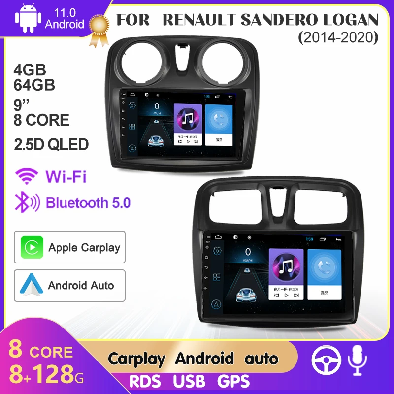 

Car radio For Renault Sandero Logan 2014-2020 Carplay Android auto Qualcomm Car stereo Multimedia player 4G wifi DSP 48EQ
