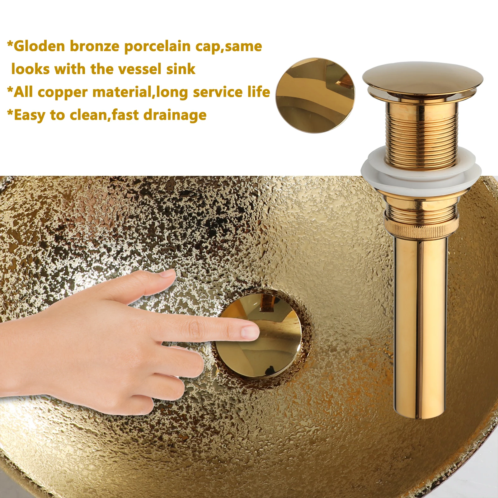 KEMAIDI 16" Gold Bathroom Sink Ceramic Vessel Sinks for Bathrooms Above Counter Bathroom Sink Oval Vessel Sink with Faucet Combo 6