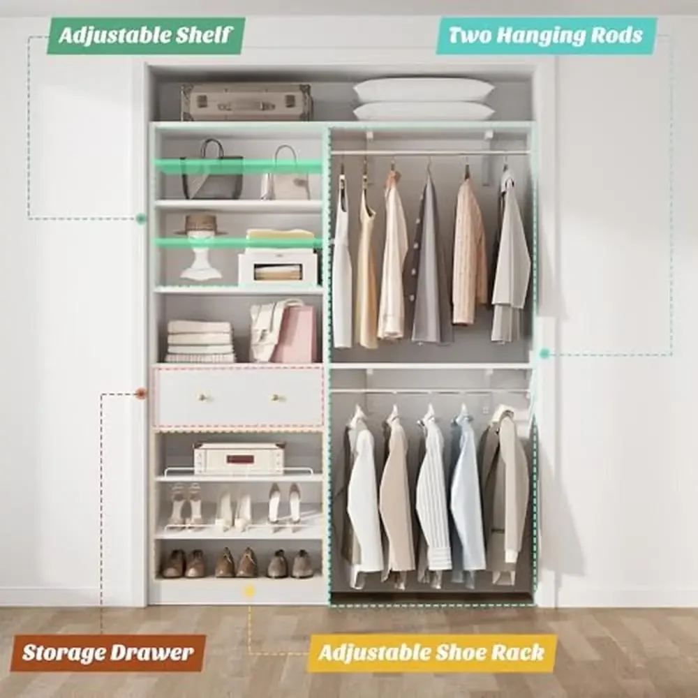 5FT Wood Closet Organizer System with Storage Drawer and Adjustable Shelves Modern Walk In Closet Rack 5
