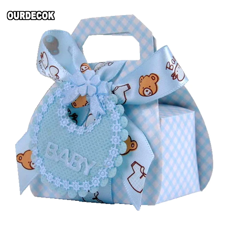 24pcs/lot Bear Shape DIY Paper Wedding Gift Christening Baby Shower Party Favor Boxes Delicate Candy Box with Bib Tags & Ribbons
