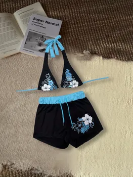 Y2K Black Blue Floral Halter Bikini And Boyshort Two Piece Swimsuit Couple Set For Beach Vacation And Hot Spring 1