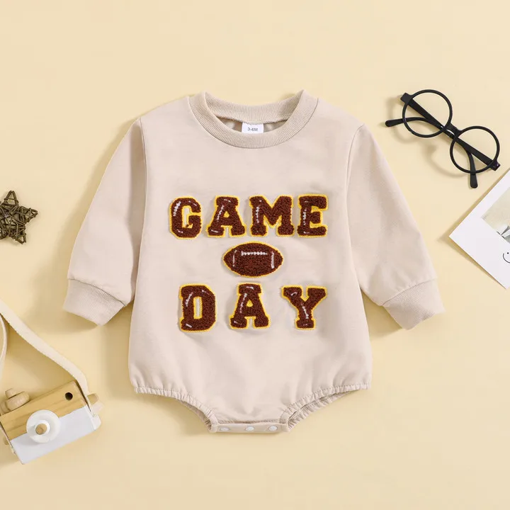 

Baby Boutique Girls Cotton Long Sleeve T-shirt One Pieces Set Round Neck Boy Khaki Romper And Baby Game Day French Knot Jumpsuit