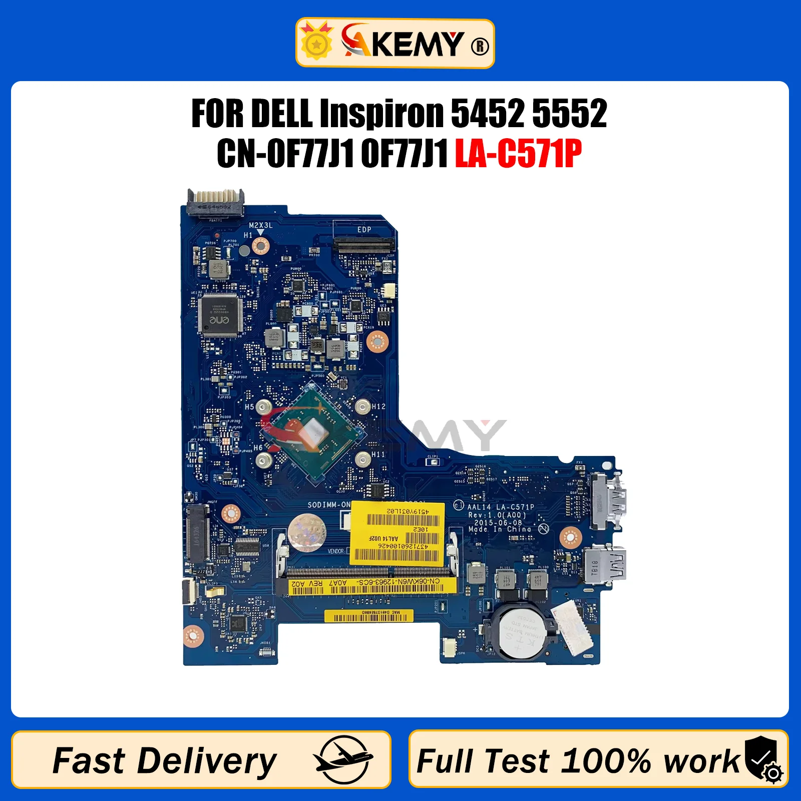 Laptop Motherboard AKEMY Laptop motherboard for DELL Inspiron 5452 5552 Pentium N3050 N3700 CPU Mainboard CN-0F77J1 0F77J1 LA-C571P