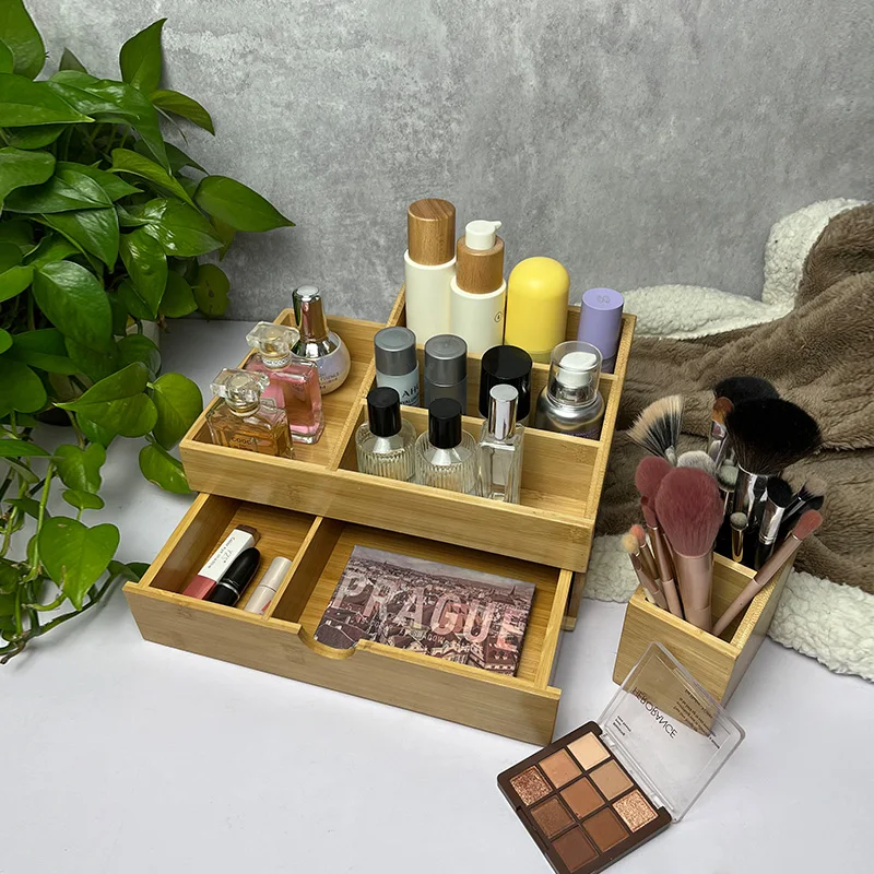  Homode Organizador de maquillaje, organizadores de bambú para  encimera de baño y almacenamiento para encimera de tocador o tocador,  bandeja de cosméticos de madera para cepillos con cajones : Belleza y