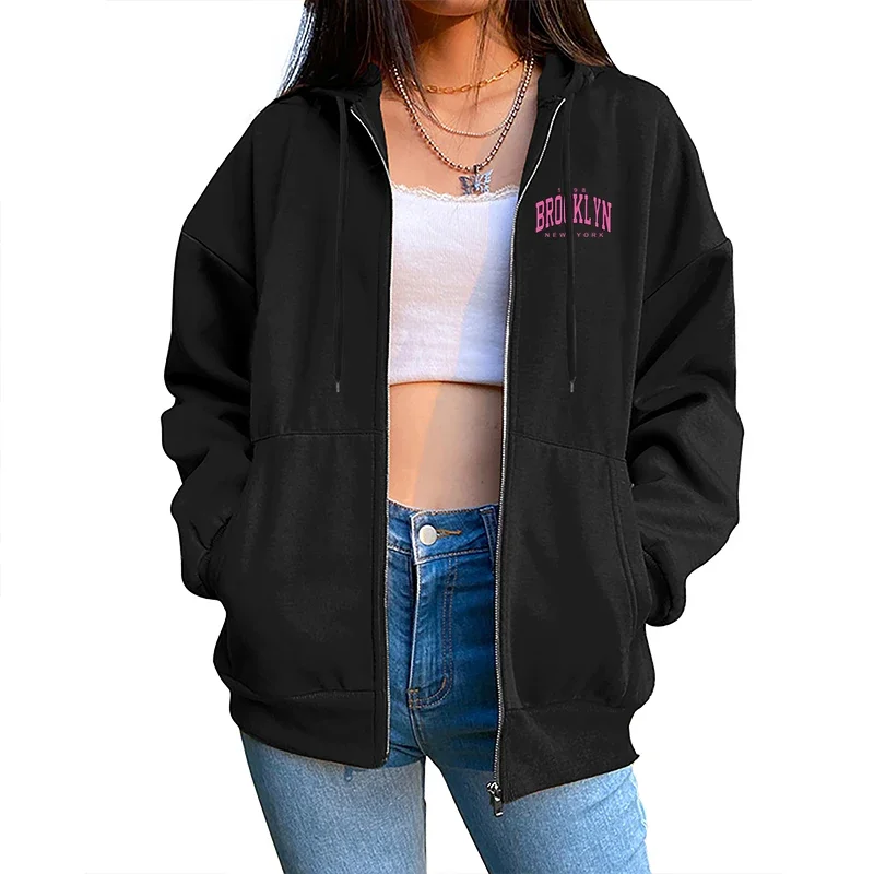 2025 New Trend Women's Long Sleeved Jackets High Quality Brooklyn Printed Zipper Hoodies Autumn Ladies Urban Casual Fashion Tops 2
