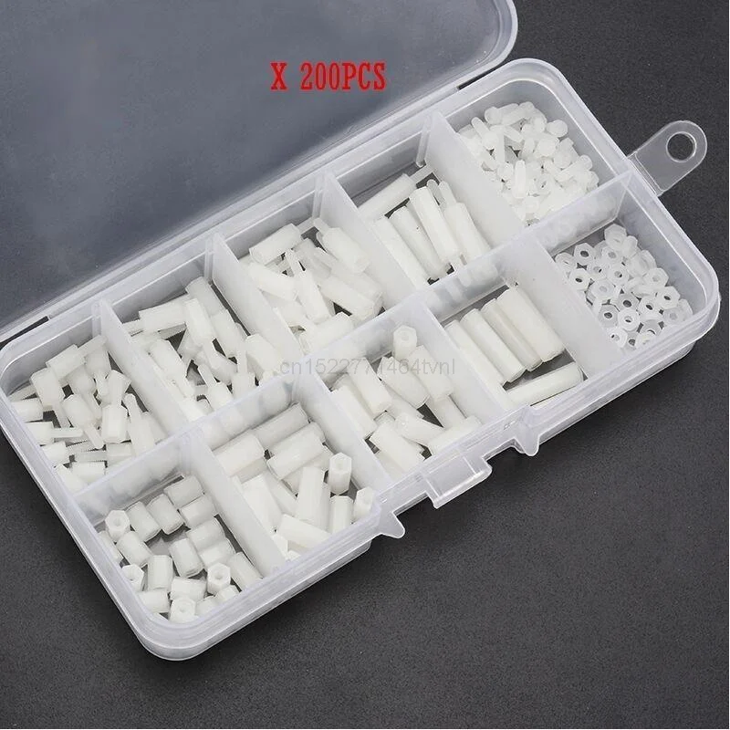 200Pcs/set Nylon Spacer Screw M2 M2.5 M3 M4 Black/White Hex Nylon Standoff Spacer Column Flat Head Nylon Plastic Spacing Screws Nuts