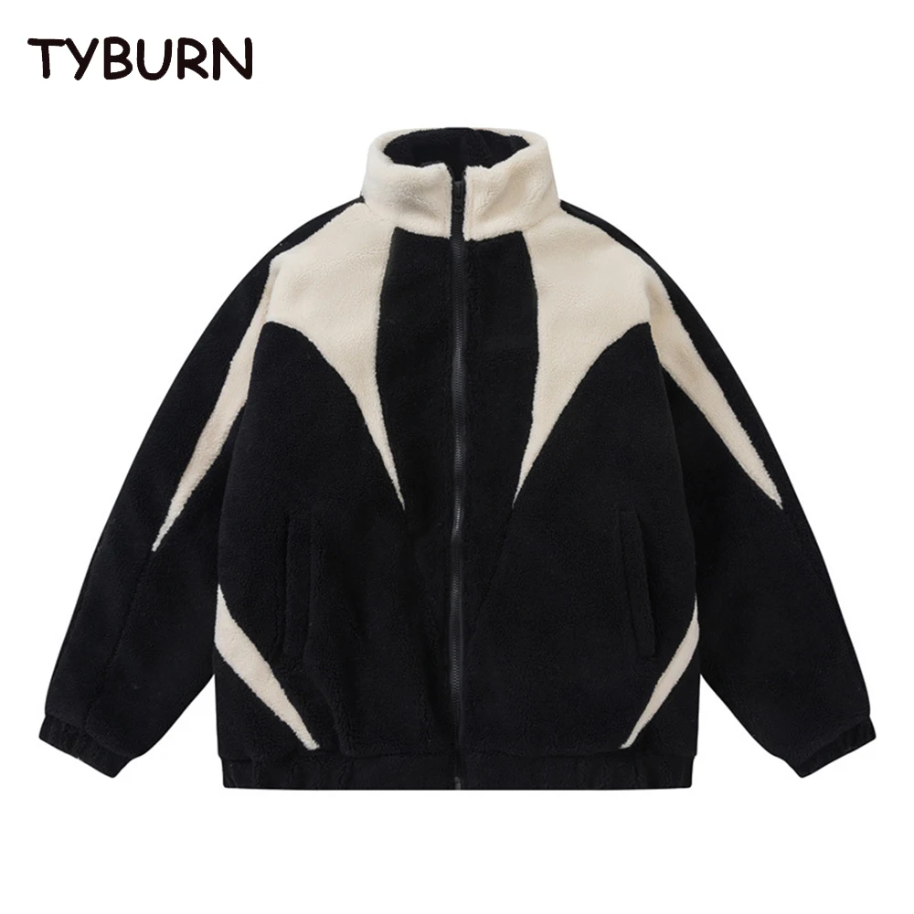 

TYBURN Winter Plush Jacket Parkas Streetwear Vintage Color Block Fuzzy Fluffy Plush Fleece Coats Thicken Warm Padded Jackets
