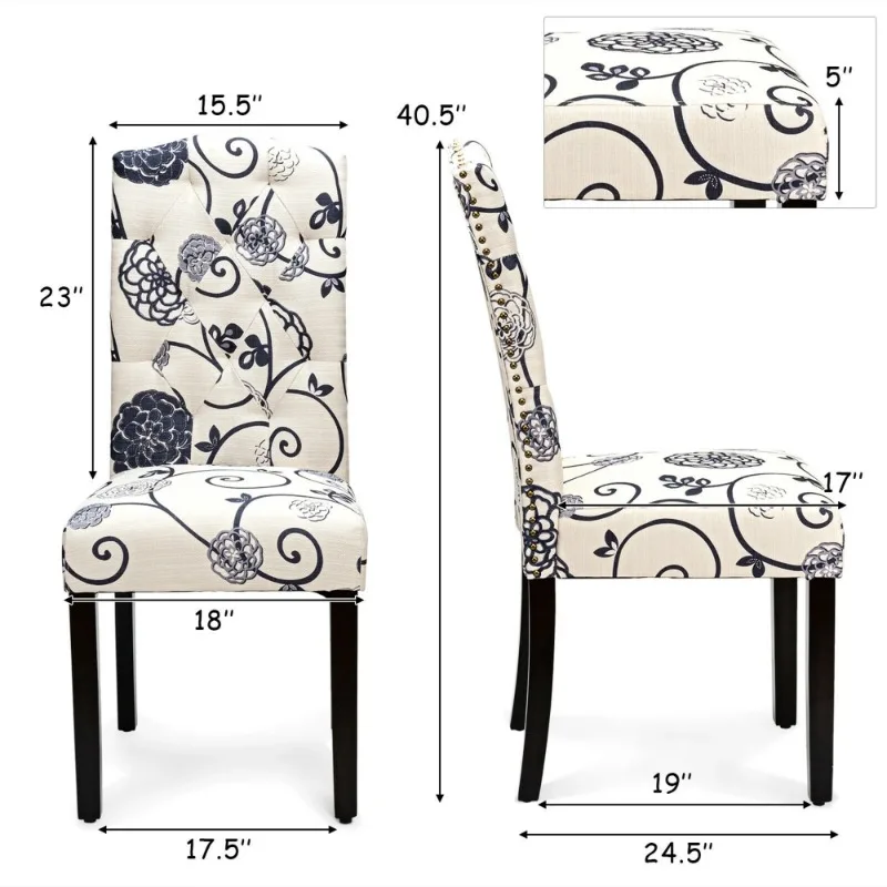 Set of 2 Tufted Dining Chair Upholstered Nailhead Trim Rubber Wooden Leg 2